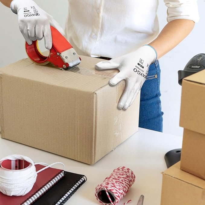 KAYGO Safety Work Gloves PU Coated-12 Pairs, KG11PB, Seamless Knit Glove with Polyurethane Coated Smooth Grip on Palm & Fingers, for Men and Women, Ideal for General Duty Work (Medium, White)