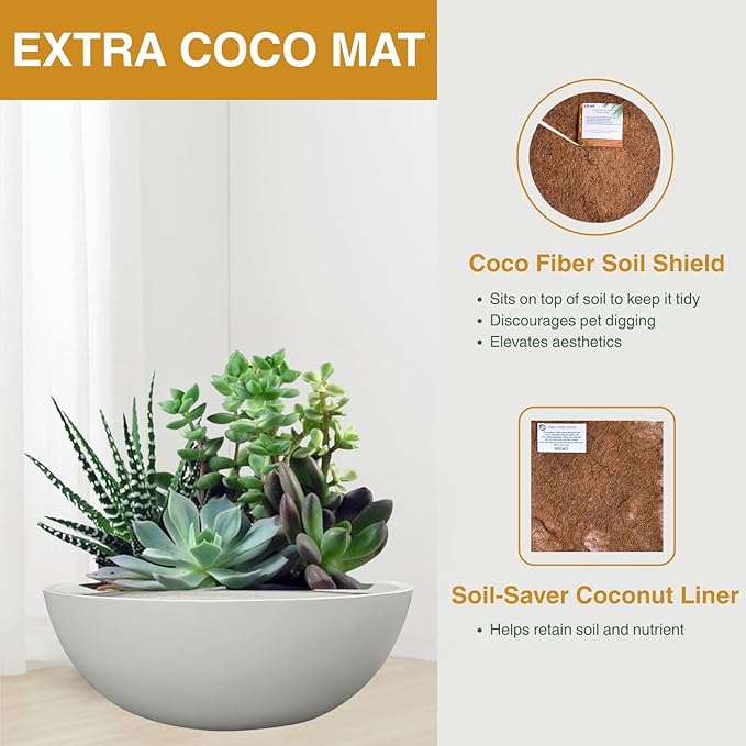KUTE NEST 6.9" H x 19.7" D Round Bowl Fiberstone Planter for Succulent and Lotus with Drainage Hole, Smooth Finishes, Weather Resistant, Included 2 Extra Coco Mats (Light Gray, 17.9" Pot Opening)