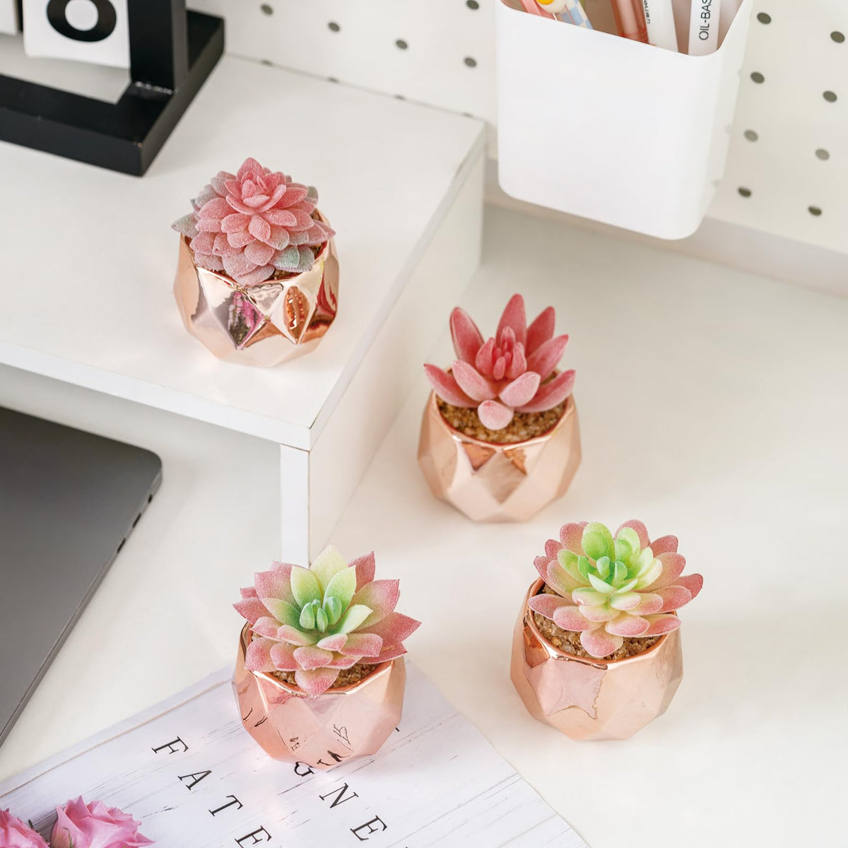 Tiita Mini Rose Gold Artificial Succulents in Pots, 4 Pack for Desk Decor