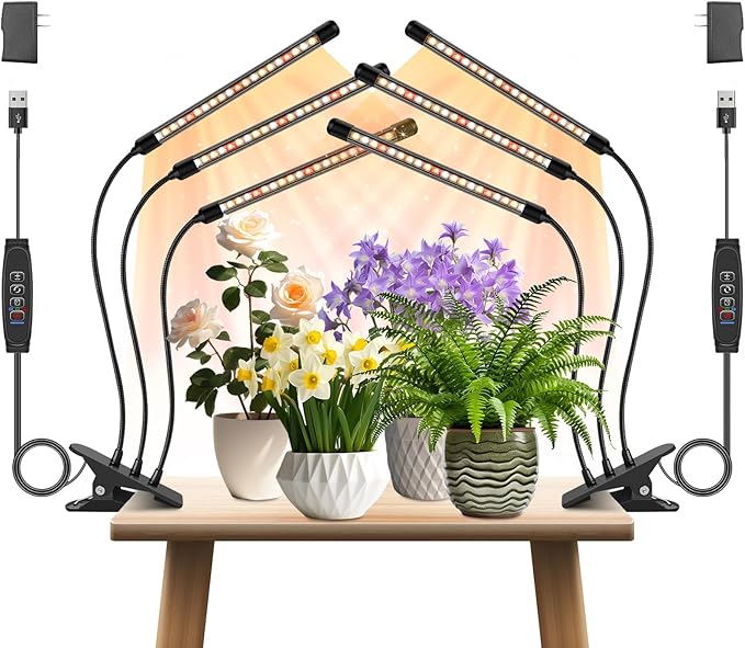 3 Heads Plant Lights for Indoor Growing, 2 Pack Grow Lights for Seed Starting, Full Spectrum Clip Grow Lamps with Auto ON & Off Timer 3/9/12H, 3 Switch Modes, 10 Dimming for Houseplants