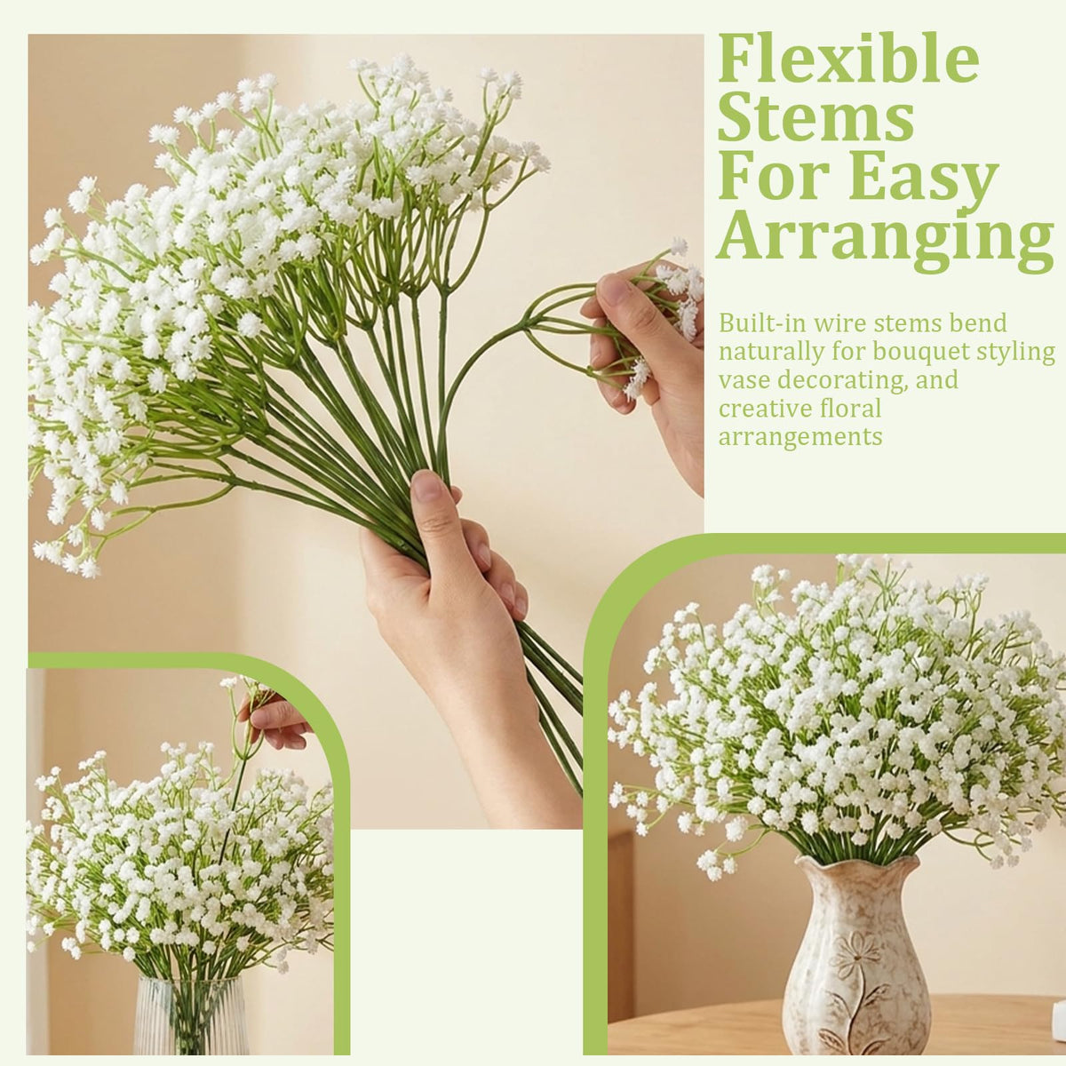 BOYXIENQ 60 Pcs Babys Breath Artificial Flowers, White Gypsophila Flowers, Artificial Bulk Real Touch Faux Greenery Plants DIY Flores Bouquet for Wedding Floral Party Outdoor Garden Home Decor