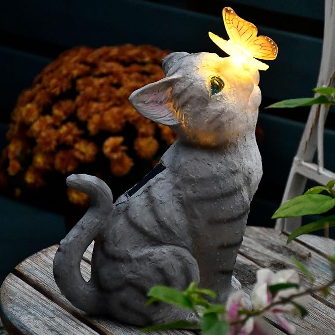 Cat Garden Figurines Outdoor Decor Solar Statue with LED Lights for Patio Lawn Yard Art Decoration Housewarming Garden Gift