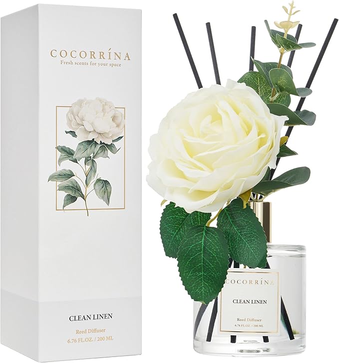 Cocorrína Flower Reed Diffuser - Clean Linen 6.7oz Scented Diffuser with Sticks Home Fragrance Essential Oil for Bathroom Shelf Decor (Artificial Flower)