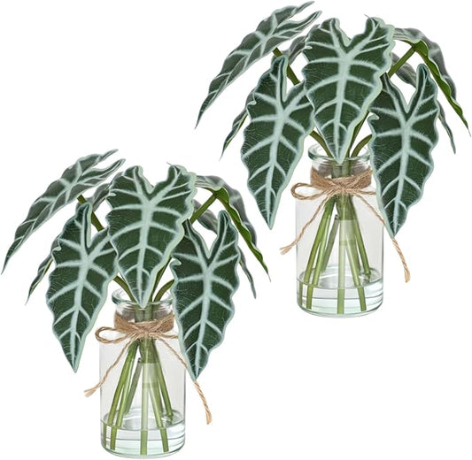 Muhanjia Artificial Flowers Turtle-Back, Alocasia Leaf, in Glass Vase with Faux Water,7Pcs Artificial Leaves Real Touch Latex Leaves for Centerpiece (2, Alocasia Leaf)
