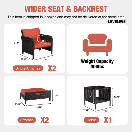 LEVELEVE Patio Conversation Set 5 Piece, Balcony Furniture Outdoor PE Rattan Wicker Lounge Chairs with Soft Cushions, 2 Ottomans & Glass Table for Porch Lawn, Brown (Orange Red Cushions