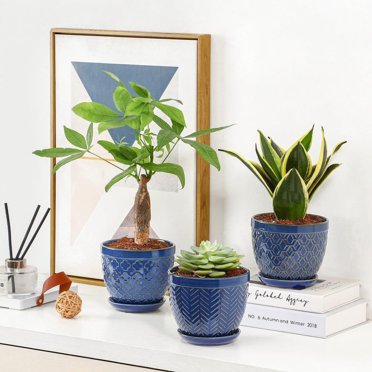 Sureasy Ceramic Indoor Plant Pots - 5.6 Inch Flower Pots for Plants with Drainage Hole and Saucer, Embossed Planter for Succulents, Orchid, Cactus, Indoor Home Decor, Set of 4, Blue