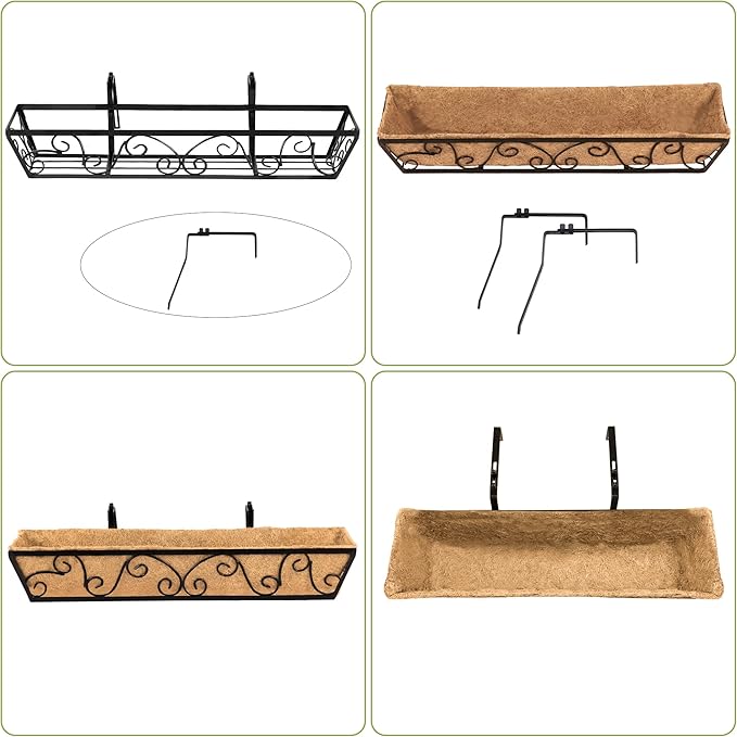 Y&M 30 Inch Window Deck with Coco Liner, Fence Metal Hanging Flower Planter Window Basket Deck Railing Planter Boxes for Outdoor Garden Lawn-Butterfly, 6pcs