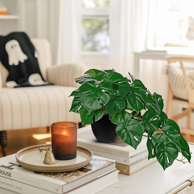 DILATATA Fake Plants Indoor 9 Inch Artificial Monstera Plant in Black Plastic Pot - Faux Potted Tropical Palm Plant for Home Aesthetic Decor Living Room Shelf Office