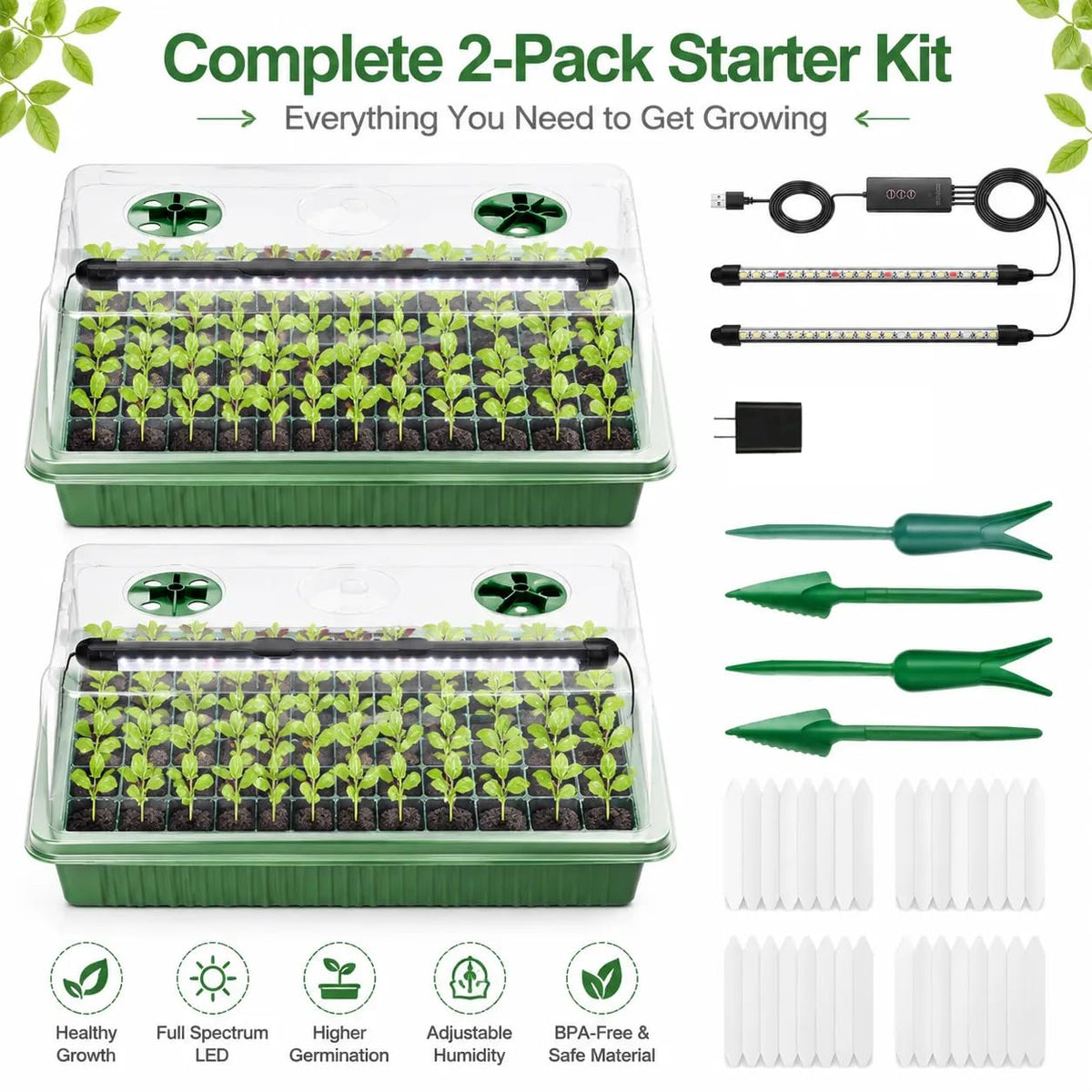Seed Starter Tray with Timed Grow Light, 2 Pack 80 Cells Plant Starter Tray Seedling Starter Kit with Humidity Domes Base Indoor Mini Greenhouse Plant Germination Trays for Seeds Growing Starting
