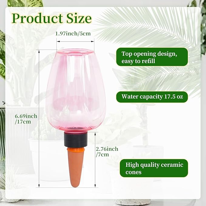 3pcs Plant Self Watering Globes, Plastic Water Bulbs Top Fill, 12.3 oz Plant Watering Devices System Slow Release Terracotta, Water Spikes Stakes for Indoor (Pink-3pack)