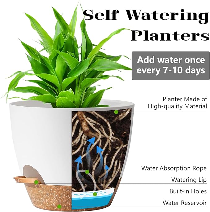 White Self Watering Pots with Drainage Planting Pot for HousePlants Plastic Flower Pots Outdoor Plant Pots Gift Idea Decorative Flower Pots Draining Pots for Indoor Plants