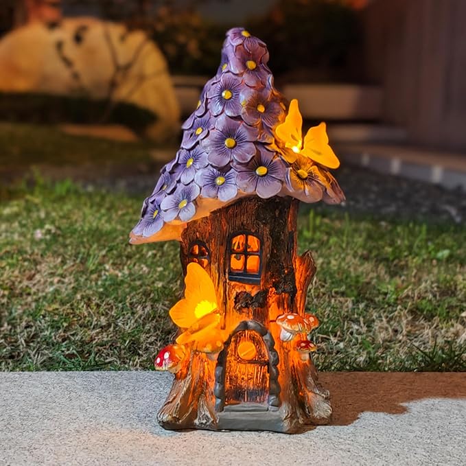 COWOS Mushroom House Statue, Garden Decor Outdoor Solar Statues, Solar Garden Statue Lights, Mushroom Fairy House Figurine, Memorial, Adorable Mushroom and Flowers, Garden Decor