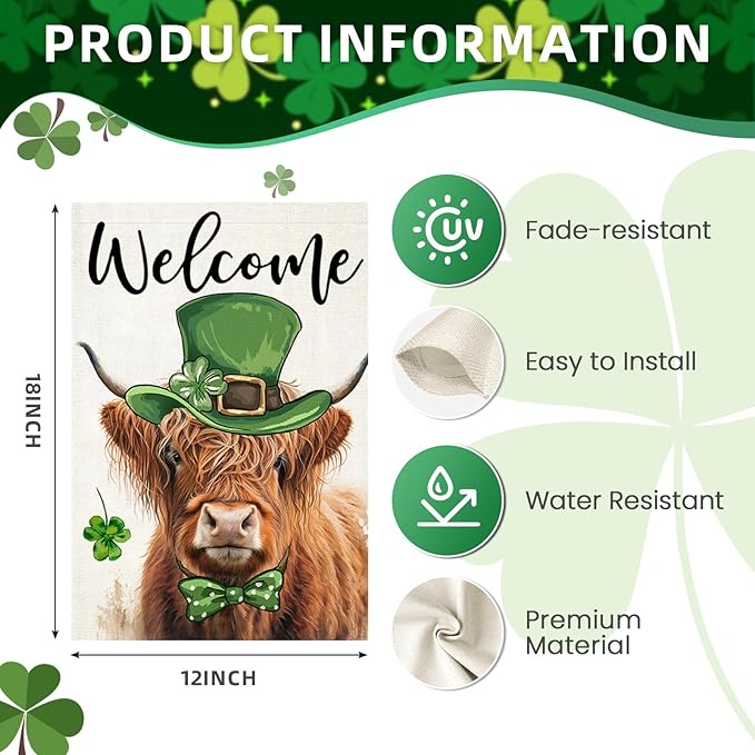 Welcome St Patricks Day Garden Flags for Outside, Highland Cow with Green Hat Lucky Shamrocks Yard Decoration, Small Seasonal Irish Outdoor Decor for Farmhouse Holiday,12x18 Inch Double Sided