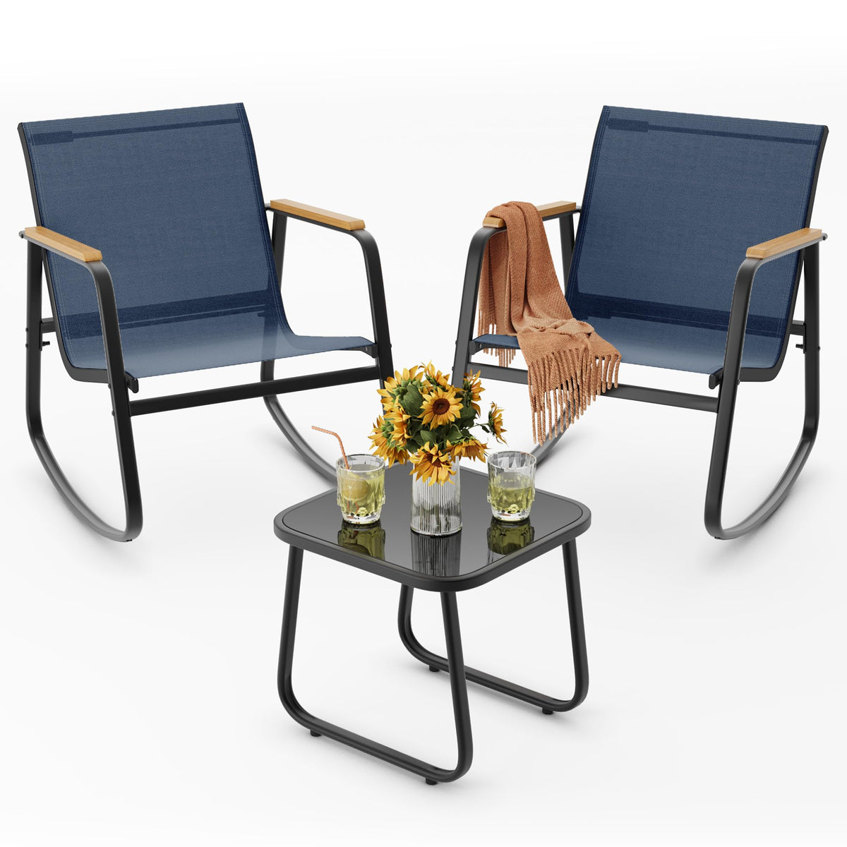 Ahomly 3-Piece Outdoor Rocking Bistro Set, Patio Furniture Set, Blue
