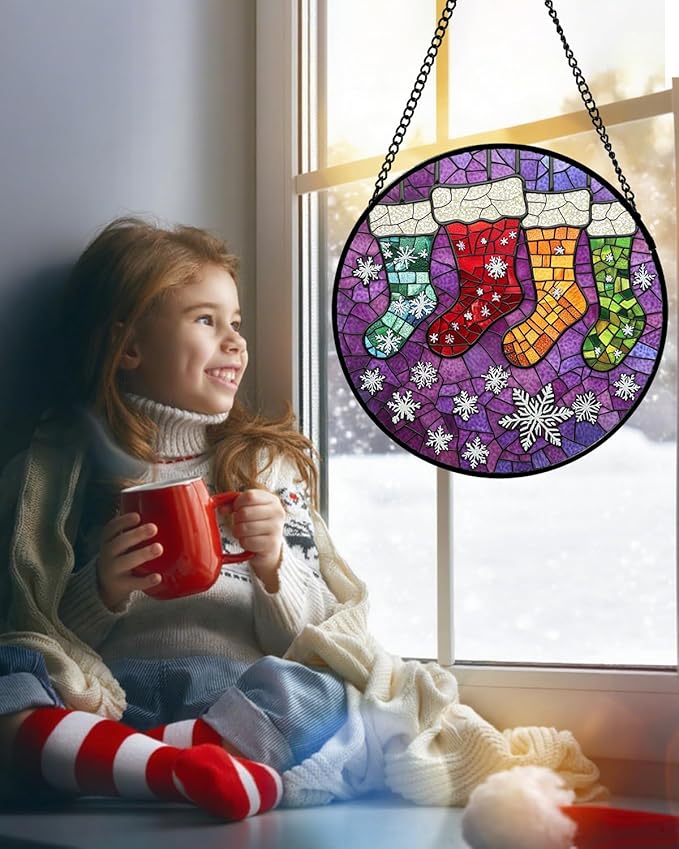 Stained Glass Window Hanging - Christmas Stockings Suncatcher for Doors Home Christmas Decoration Winter Sun Catcher Thanksgiving New Year Birthday Gifts for Women Men Mom Nana Girl 7.8 in