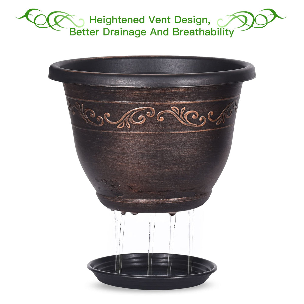 Plastic-Plant-Flower-Planters-12 Inch with Drainage Hole & Saucer, 3 Packs Lightweight Small Resin Flower Pot Indoor Outdoor, Retro Antique Imitation Decorative Garden Containers Sets for Houseplants