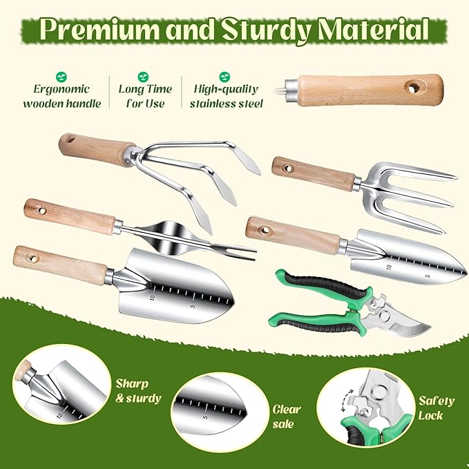 Garden Tools 9-Piece Heavy Duty Gardening Hand Tools with Floral Organizer Tote Bag, Rust-Proof Garden Tool Set, Thickened Repotting Mat, Gardening Gifts for Women Mom, Green