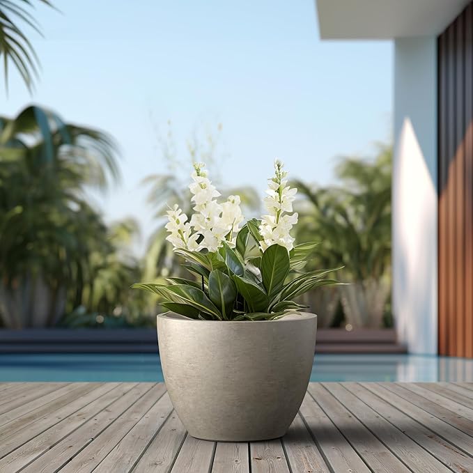 Kante 17.3 Inch Round Concrete Planter - Classic Large Indoor/Outdoor Plant Pot with Drainage Hole and Rubber Plug, Suitable for Gardens and Patios, Weathered Concrete