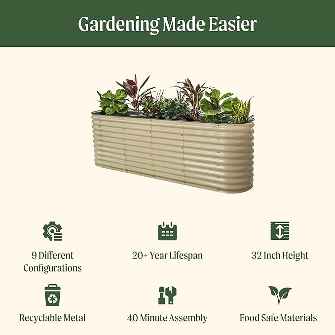 32" Extra Tall Raised Garden Bed Kits, 2 x 8 x 2.7ft Raised Planter Box Outdoor, 3.5 x 6.5 x 2.7ft Deep Root 9 in 1 Modular Metal Raised Beds for Gardening Vegetables Flowers Fruits - Pearl White