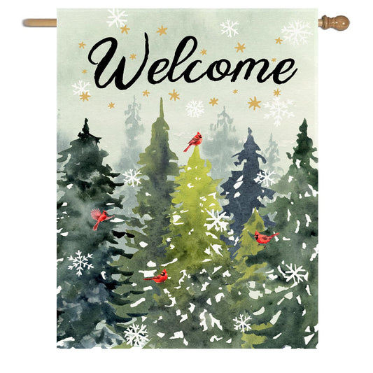 Welcome Winter House Flags Snowy Forest Pine Tree Garden Flag Cardinal Birds Yard Flag Large Christmas Outdoor Flags 28x40 Double Sided for Outside Farmhouse Lawn Decor
