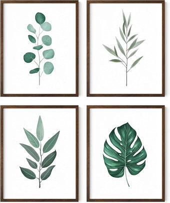 HAUS AND HUES Plant Wall Art - Botanical Prints, Green Wall Art Set, Plant Pictures, Leaves Paintings, Minimalist Sage Green Decor (8x10, Walnut Frame)