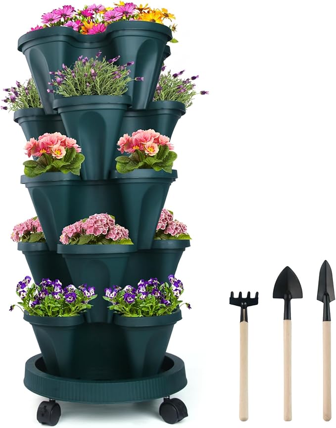 DUNCHATY Stackable Vertical Garden Planter with Wheels, 5 Tier Herb Planter Pots for Growing Vegetables and Succulents, Pine Green
