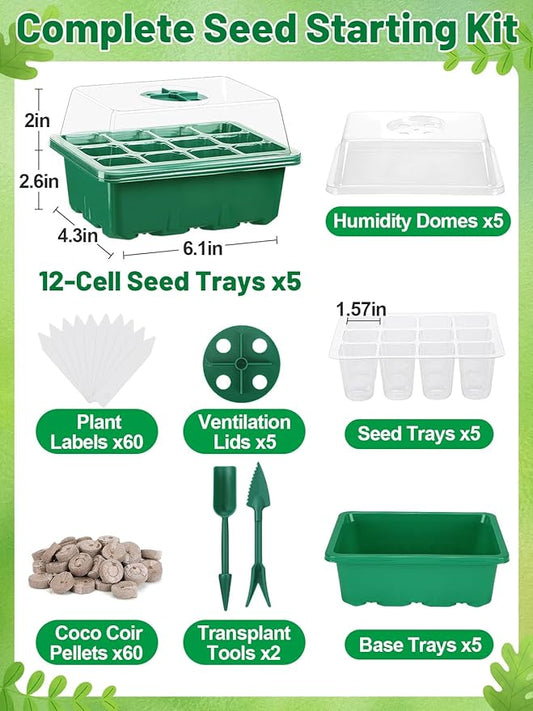 Apipi 5 Pack Seed Starter Kit with 60 Coco Coir Pellets - 60 Cell Seed Starter Trays with Domes for Indoor Greenhouse Germination, Home Gardening System for Vegetables/Herbs/Flowers