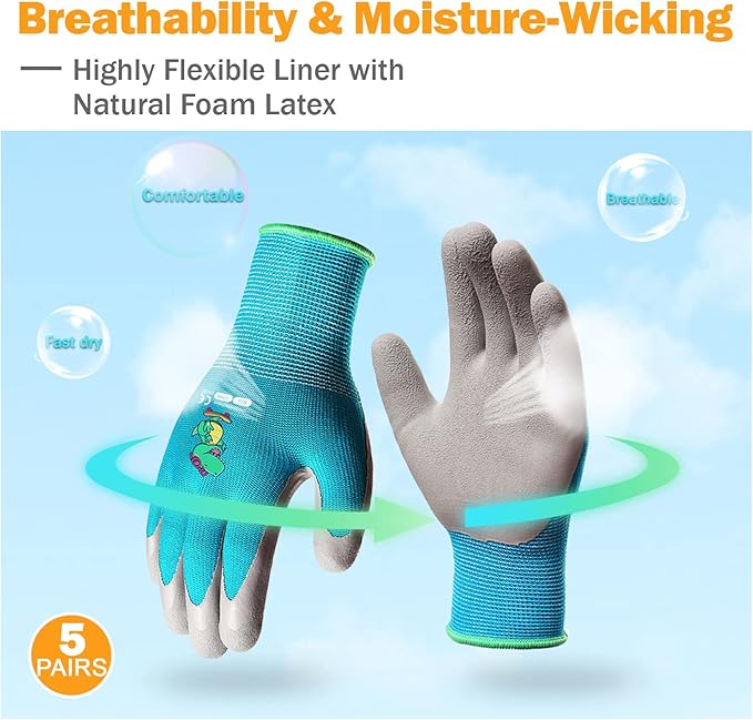 5 Pairs Kids Gardening Gloves Yard Work Gloves Children Soft Safety Rubber Coated Gloves for Toddlers Youth Girls Boys Children (6-8yr M)