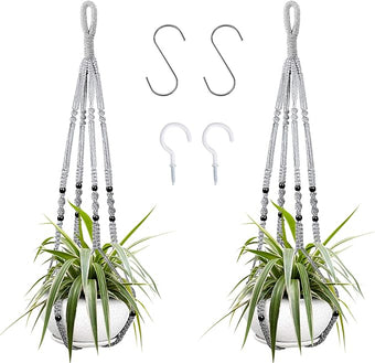 Augshy 2 Packs Macrame Hanging Planter, Indoor Hanging Planter Basket with Wood Beads Decorative Macrame Pot Hanger for Home Decor (Grey)