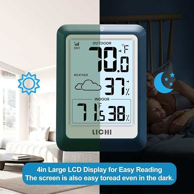Indoor Outdoor Thermometer Wireless Weather Station, Internal External Thermometer Hygrometer, Home Batteryoperated Temperature Humiditymonitors330 Feet (About 100 Meters) Backlight Display (Blue)
