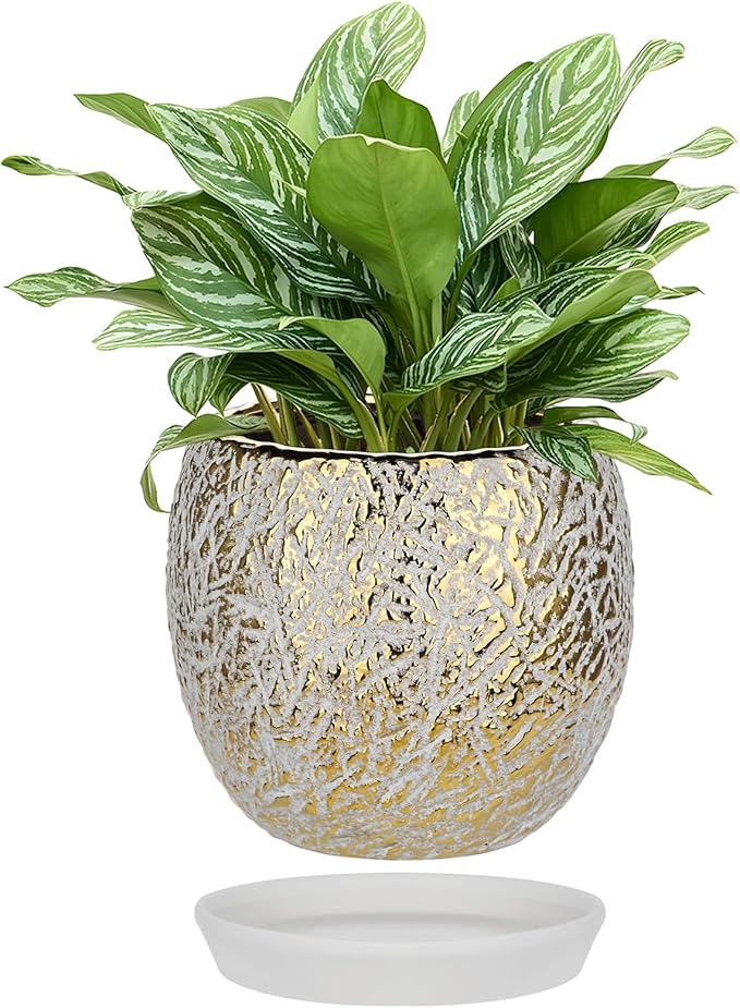 Ceramic Plant Pots for Plants Indoor 5.3 Inch Round Gold and White Flower Pot Gilded Decorative Planter with Drainage Hole and Saucer Modern Ceramic Pot for Succulents Orchids Cactus Herbs Home Decor