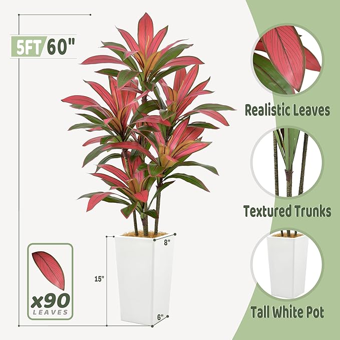Roselywed Artificial Red Dracaena Tree 5FT with 90 Leaves & 6 Heads & White Tall Planter Cover with Coconut Fiber Tall Faux Tropical Silk Bicolor Plant 60 Inch for Indoor Home Office Porch Mall Decor