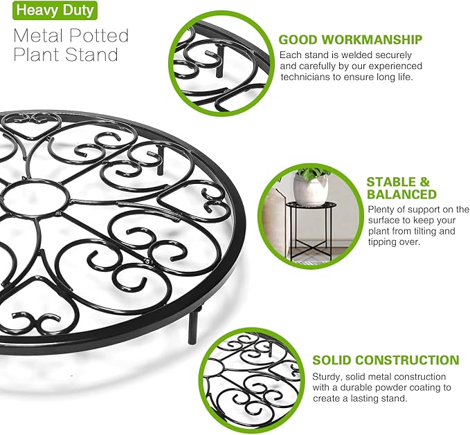 Plant Stand Indoor Outdoor, 15" Tall Flower Pot Stand, Round Metal Corner Plant Stand for Flower Pot, Rustproof Flower Plant Holder for Home, Garden, Patio, Plant Lovers, Housewarming (Set of 1)