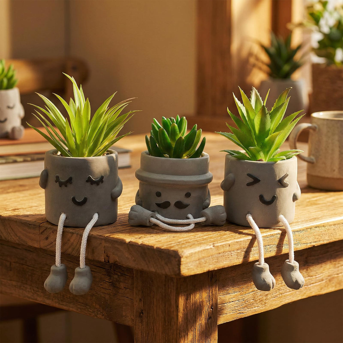 Small Fake Plants Faux Succulents in Grey Pots with Hanging Leg Potted Mini Fake Plants for Office Desk Decor Cute Artificial Succulent Plants for Home Office Desk Decor and Gift Choice - Set of 3