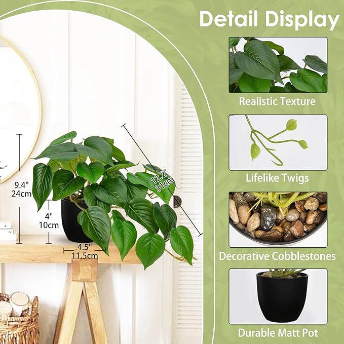 DILATATA Fake Plants Indoor 8 Inch Artificial Pothos Plant in Black Plastic Pot - Faux Potted Pothos Plant for Home Aesthetic Decor Living Room Shelf Office