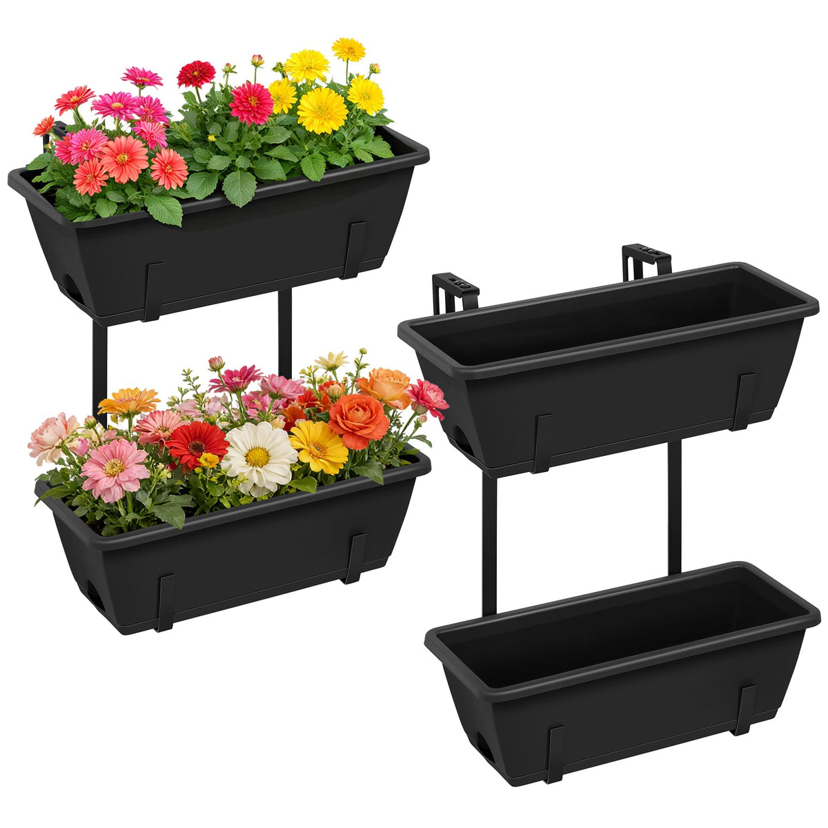 2 Tier Railing Planter Box Set of 2, 4 Pack Black Window Boxes Planters