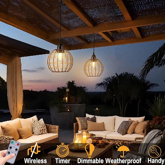 Hanging Pendant Lights, Battery Operated Outdoor Chandelier with Warm White LED Bulb for Patio Tree Pergola Gazebo Porch (Beaded Ball-G50-2PK)