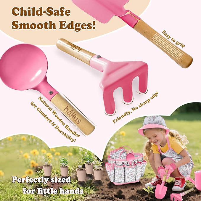 Kids Gardening Tool Set 18PCS Kids Toddler Gardening Set Includes Tote Bag Watering Can Apron Hat Rake Shovel Spoon Gloves Plant Pots and Labels, Outdoor Toys Gift for Boys Girls (Pink)