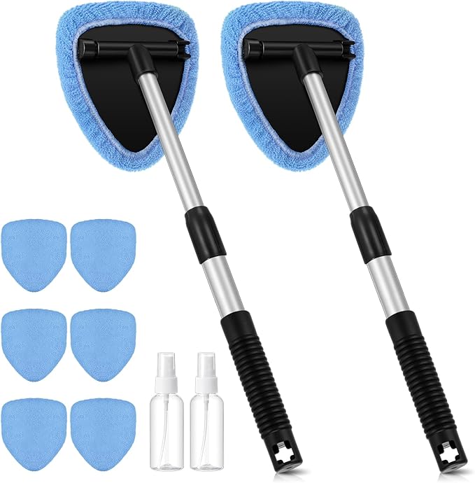 Baderke 10 Pcs Windshield Cleaner Tool Car Window Cleaning Supplies with Extendable Handle Include 6 Washable Microfiber Bonnets 2 Empty 60ml Spray Bottle Glass Wiper Kit(Light Blue)