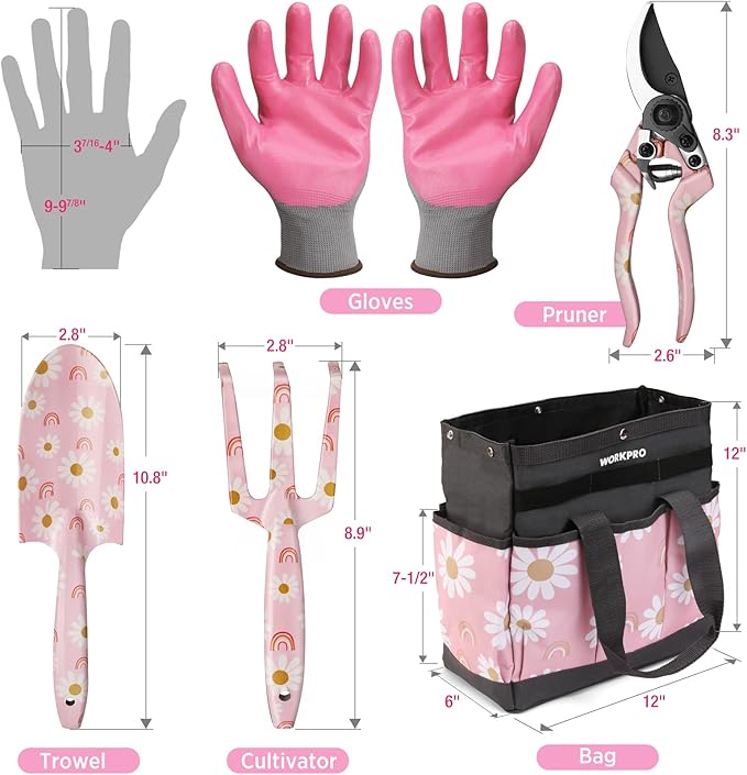 WORKPRO 5PCS Gardening Tools, Aluminum Heavy Duty Garden Tool Set with Bag, Ideal Gardening Gifts for Women-Pink Ribbon