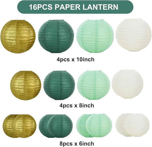 BEISHIDA 16 Pcs Sage Green Gold Paper Lanterns,Hanging Decorative Chinese Japanese Round Paper Lantern Lamp for Birthday Wedding Baby Bride Shower Home Party Decoration