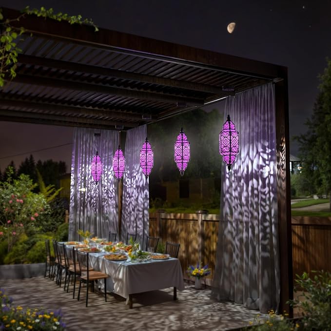 Twinkya 2 Pack Hanging Solar Lights Outdoor Garden Decorative Solar Lantern Waterproof Metal Moroccan Outdoor Decorations for Patio Pathway Yard Porch Backyard Garden Decor (Purple, 2 Pack)