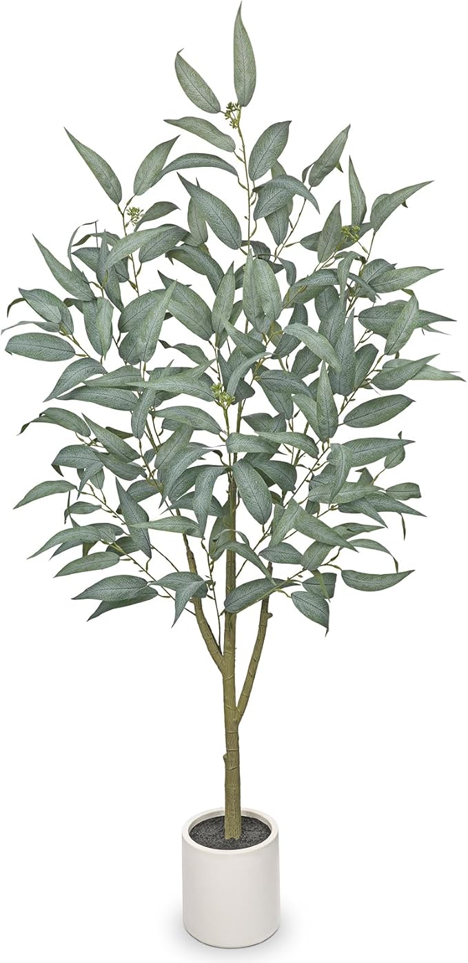 Artificial Eucalyptus Tree in White Pot – 4FT Faux Indoor Plant for Home Décor, Modern Greenery for Living Room, Bedroom, Office – Realistic Silk Leaves, Minimalist Planter
