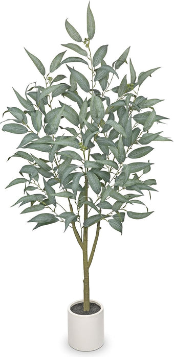 Artificial Eucalyptus Tree in White Pot – 4FT Faux Indoor Plant for Home Décor, Modern Greenery for Living Room, Bedroom, Office – Realistic Silk Leaves, Minimalist Planter