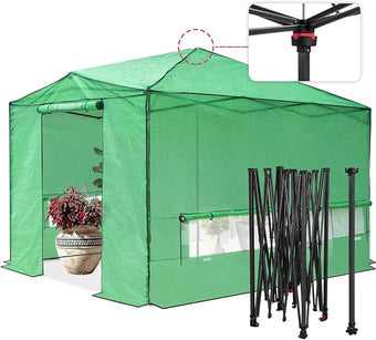 EAGLE PEAK Instant Pop-up Greenhouse, Indoor Outdoor Plant Gardening Green House, Roll-Up Zipper Doors & Side Windows - Winter Support Pole, Walk in 12x8 ft, Green/Clear