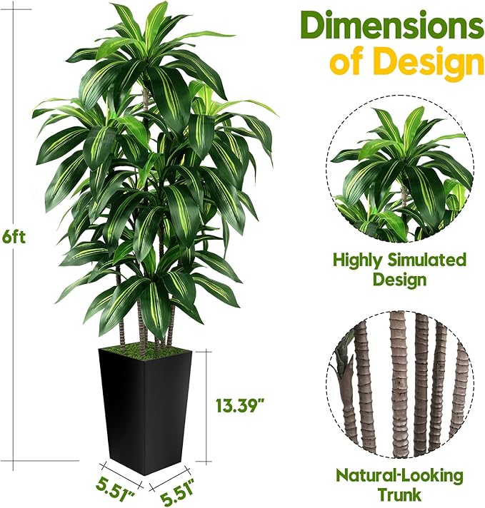 Artificial Dracaena Tree Indoor, 6FT Tall Fake Tree with Black Tall Planter, Artificial Trees Fake Yucca Potted Tree for Home Office Living Room Decor, Tall Artificial Plant for Housewarming