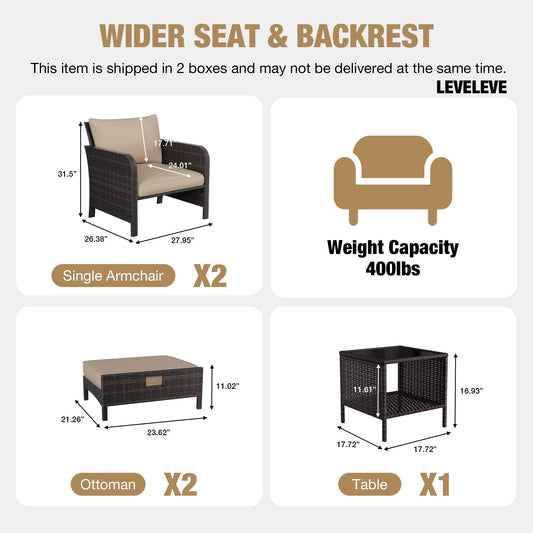 LEVELEVE Patio Conversation Set 5 Piece, Balcony Furniture Outdoor PE Rattan Wicker Lounge Chairs with Soft Cushions, 2 Ottomans & Glass Table for Porch Lawn, Brown (Khaki Cushions