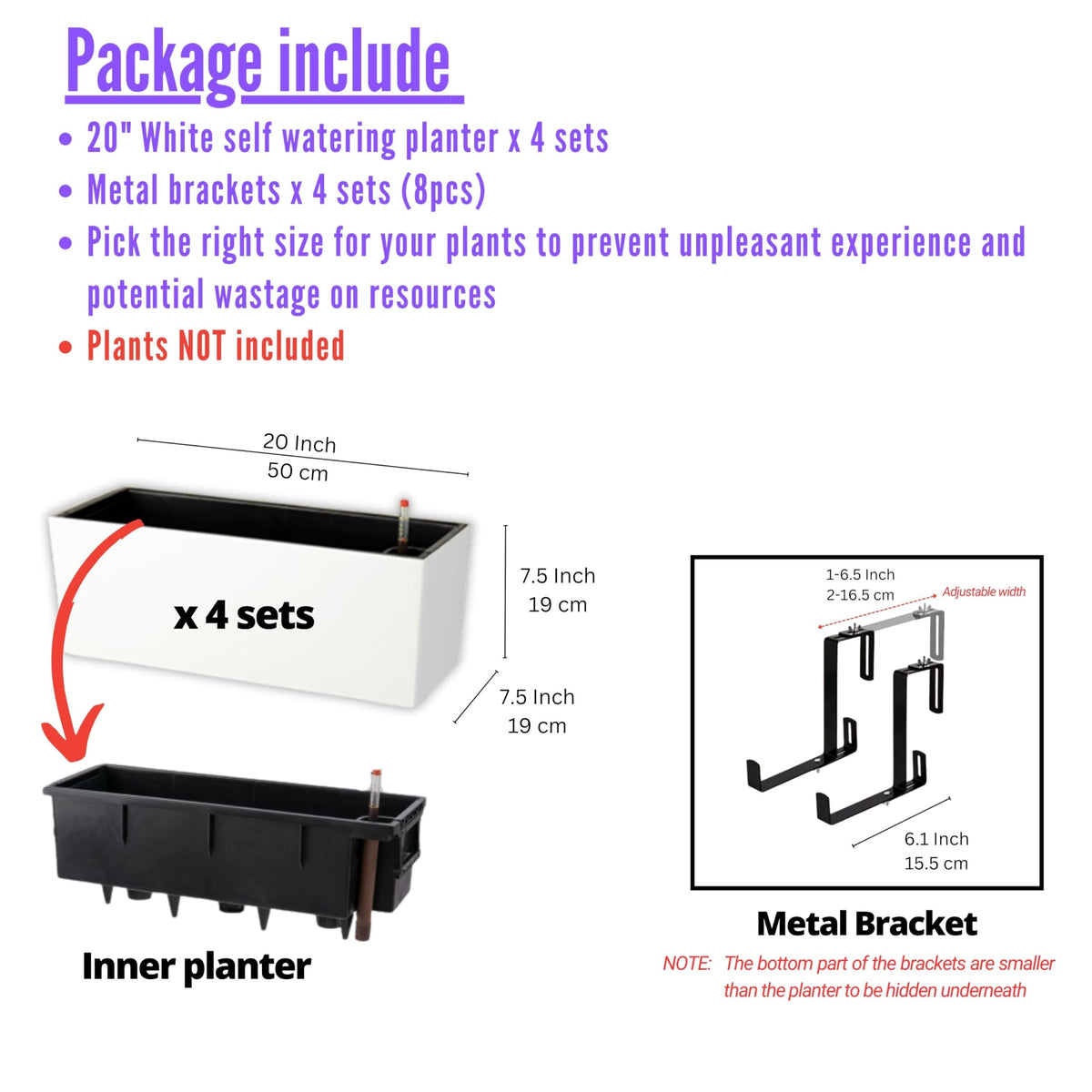 LaLaGreen Railing Planter Box (20 Inch, 4 Pack) White Rectangular Window Flower Boxes with Bracket, Self Watering System Hanging Planter Box for Outdoor Plant Pots Container Deck Rail Fence Balcony