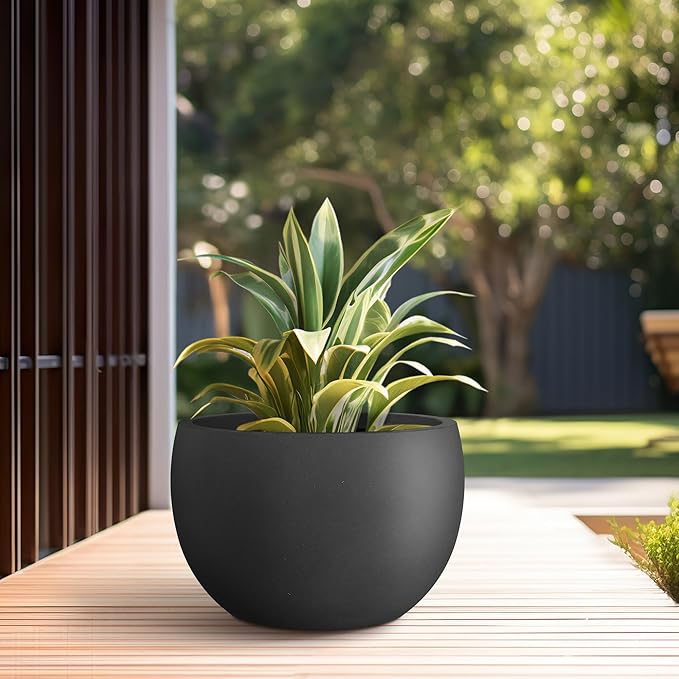 Kante 15.7" Dia Round Concrete Planter, Outdoor/Indoor Large Bowl Plant Pots with Drainage Hole and Rubber Plug for Garden Patio Balcony Home, Black