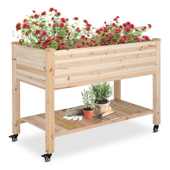VINGLI 45.7"x22.4"x32.4" Elevated Raised Garden Bed Outdoor, Heavy Duty Wood Planter Box with Legs, Bed Liner Included, for Vegetables, Fruits, Sturdy Long Lasting Planter Box (Nuture - with Wheel)